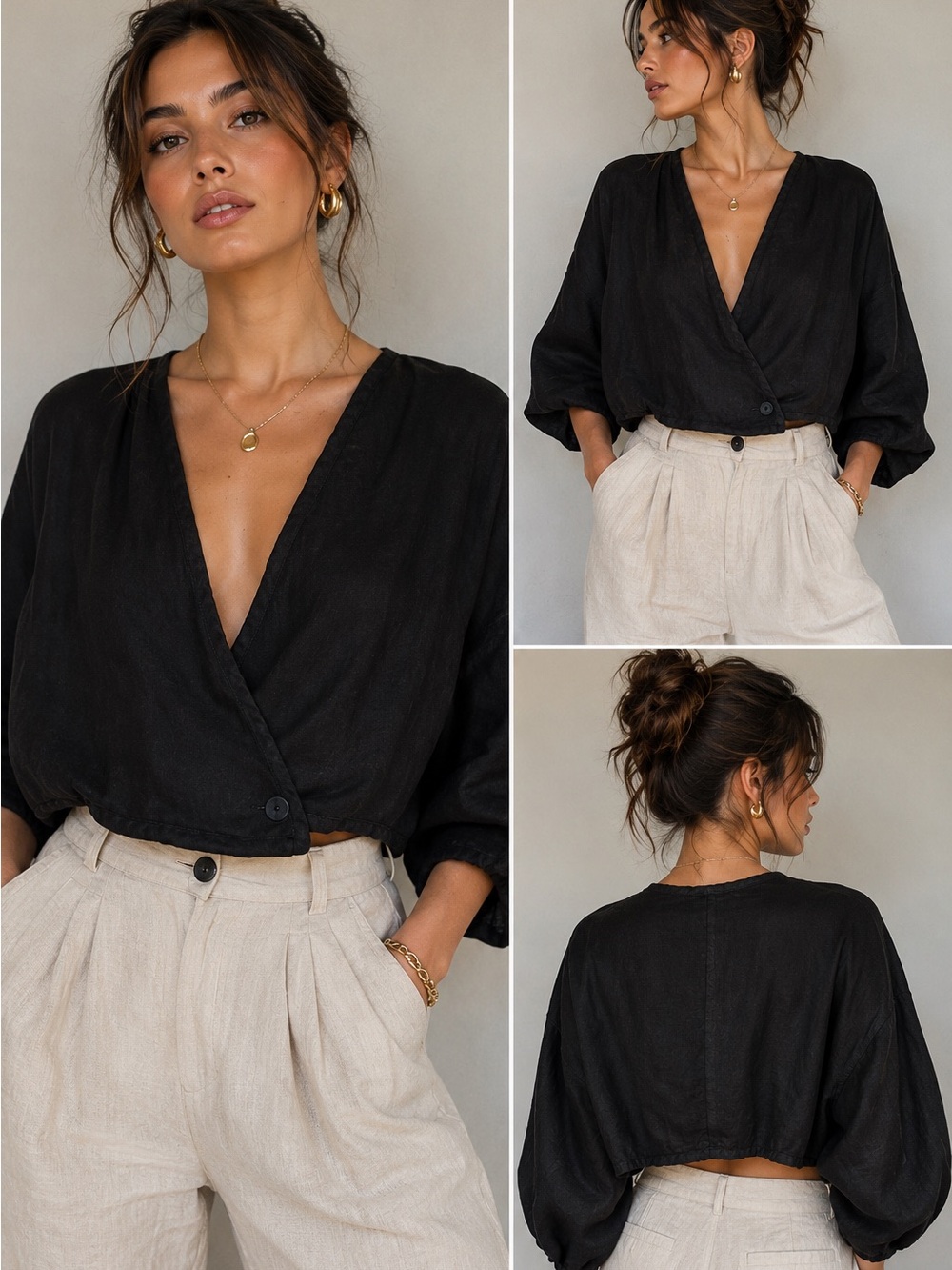 Cynthia Ashby Black Linen Cotton Blend Cropped Wrap Top | NWT | Medium